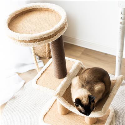 Catry, Cradle-Beige Cat Tree Cradle Bed with Recycled Paper Scratching Posts and Teasing Rope - Rocky & Maggie's Pet Boutique and Salon