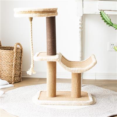 Catry, Cradle-Beige Cat Tree Cradle Bed with Recycled Paper Scratching Posts and Teasing Rope - Rocky & Maggie's Pet Boutique and Salon