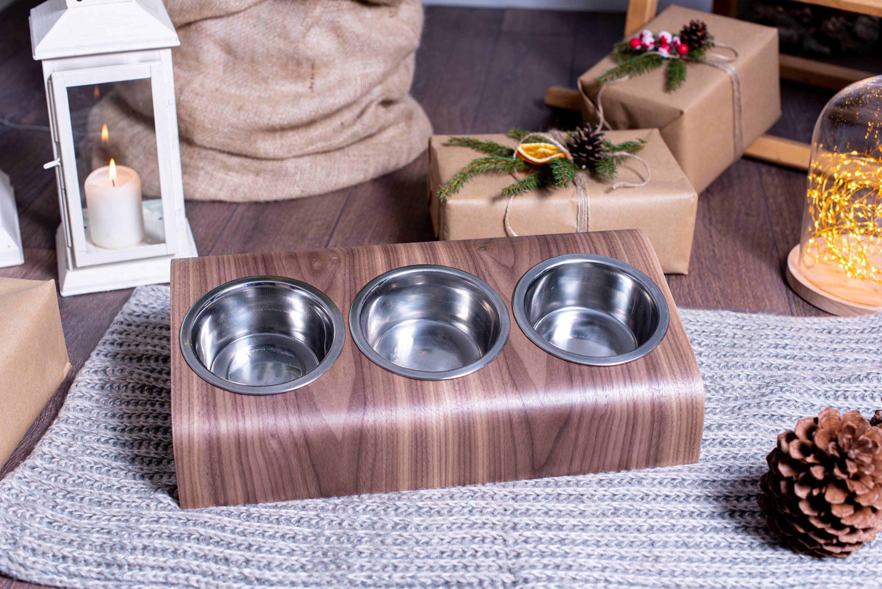 Pet feeding station with 3 bowls, Pet bowls with stand: Oak - Rocky & Maggie's Pet Boutique and Salon