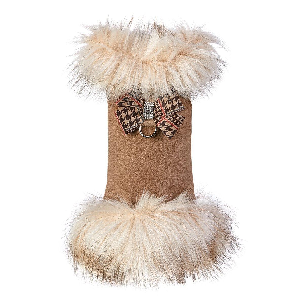 Ivory Fox Fur Coat with Chocolate Glen Houndstooth Nouveau Bow - Rocky & Maggie's Pet Boutique and Salon
