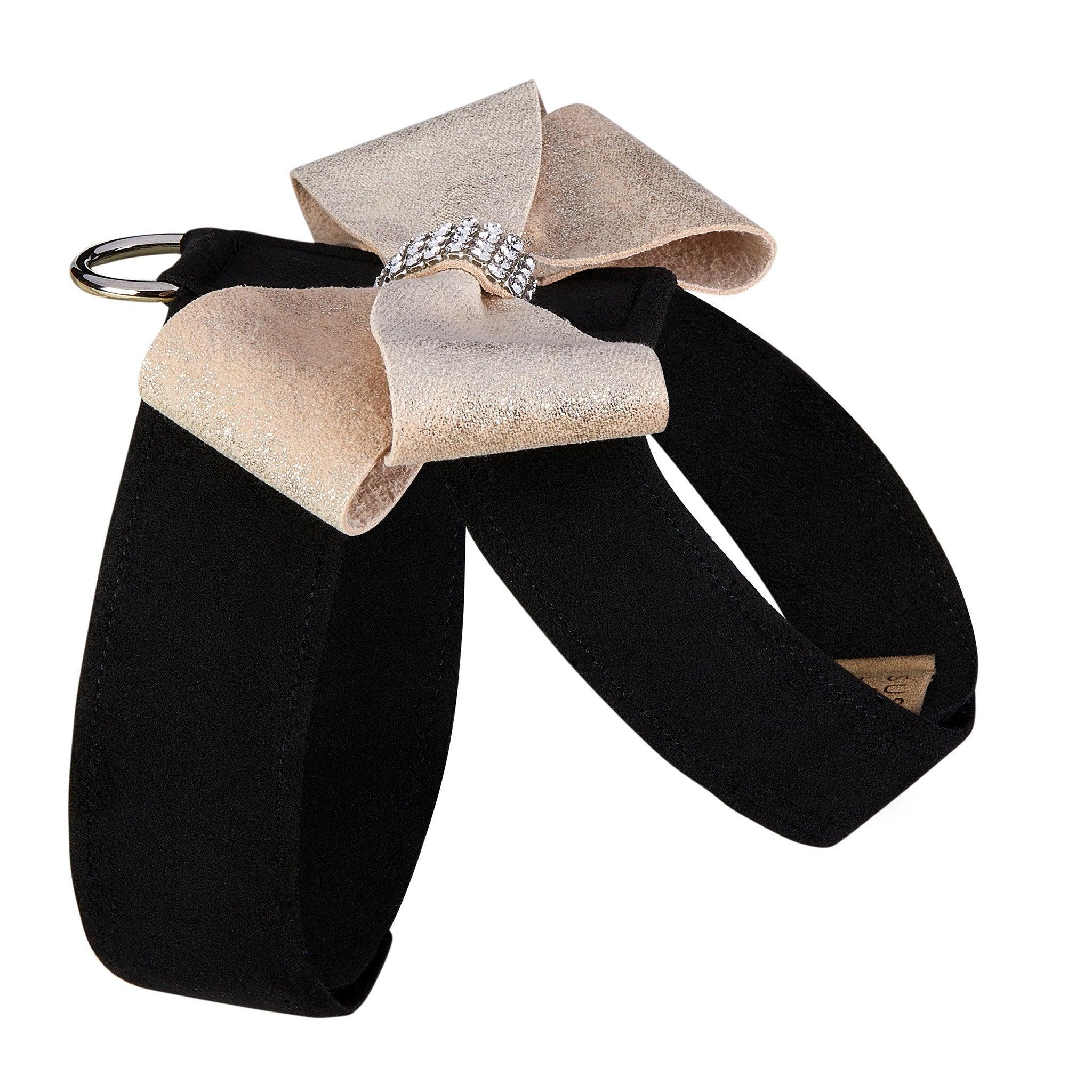 Black Tinkie Harness with Champagne Glitzerati Nouveau Bow - Rocky & Maggie's Pet Boutique and Salon