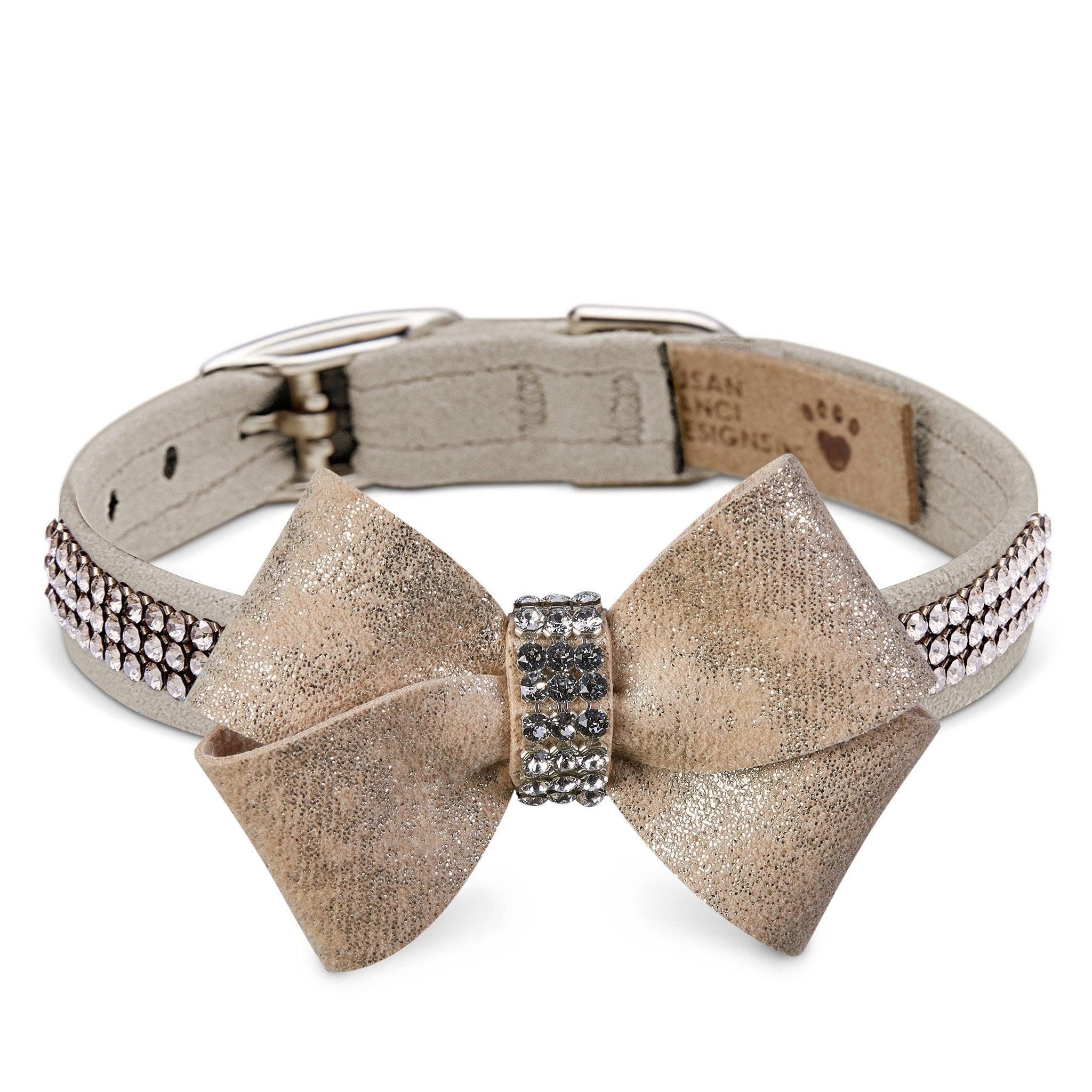 Champagne Glitzerati Nouveau Bow 3 Row Giltmore Collar - Rocky & Maggie's Pet Boutique and Salon