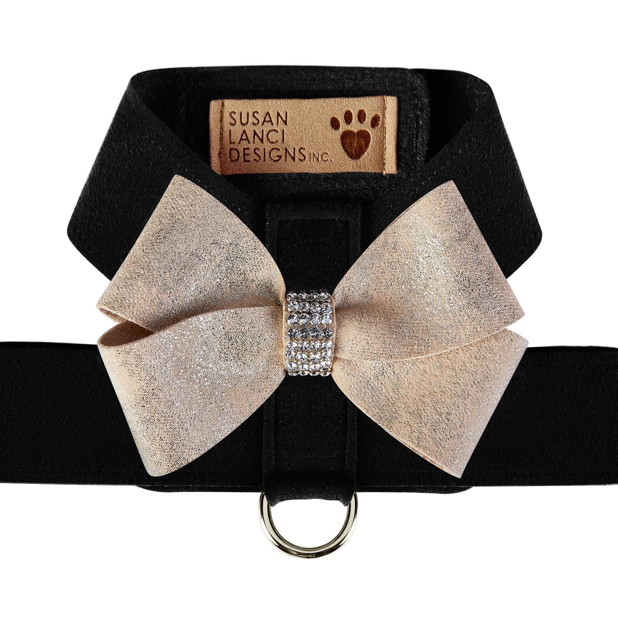 Black Tinkie Harness with Champagne Glitzerati Nouveau Bow - Rocky & Maggie's Pet Boutique and Salon