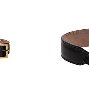 Two views of a black leather collar with tan lining and antique gold buckle, Frida Firenze.