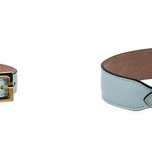 Light blue leather Plain Antique Collar from Frida Firenze with a gold buckle, shown from two angles.