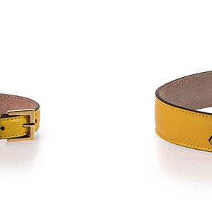Two yellow leather collars with brown interiors and silver buckles, small and large, Frida Firenze Plain Antique Collar.