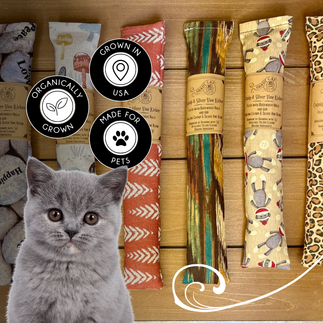 Handmade Organic Catnip & Silvervine Kicker Stick – Colorful Fabric Cat Toy