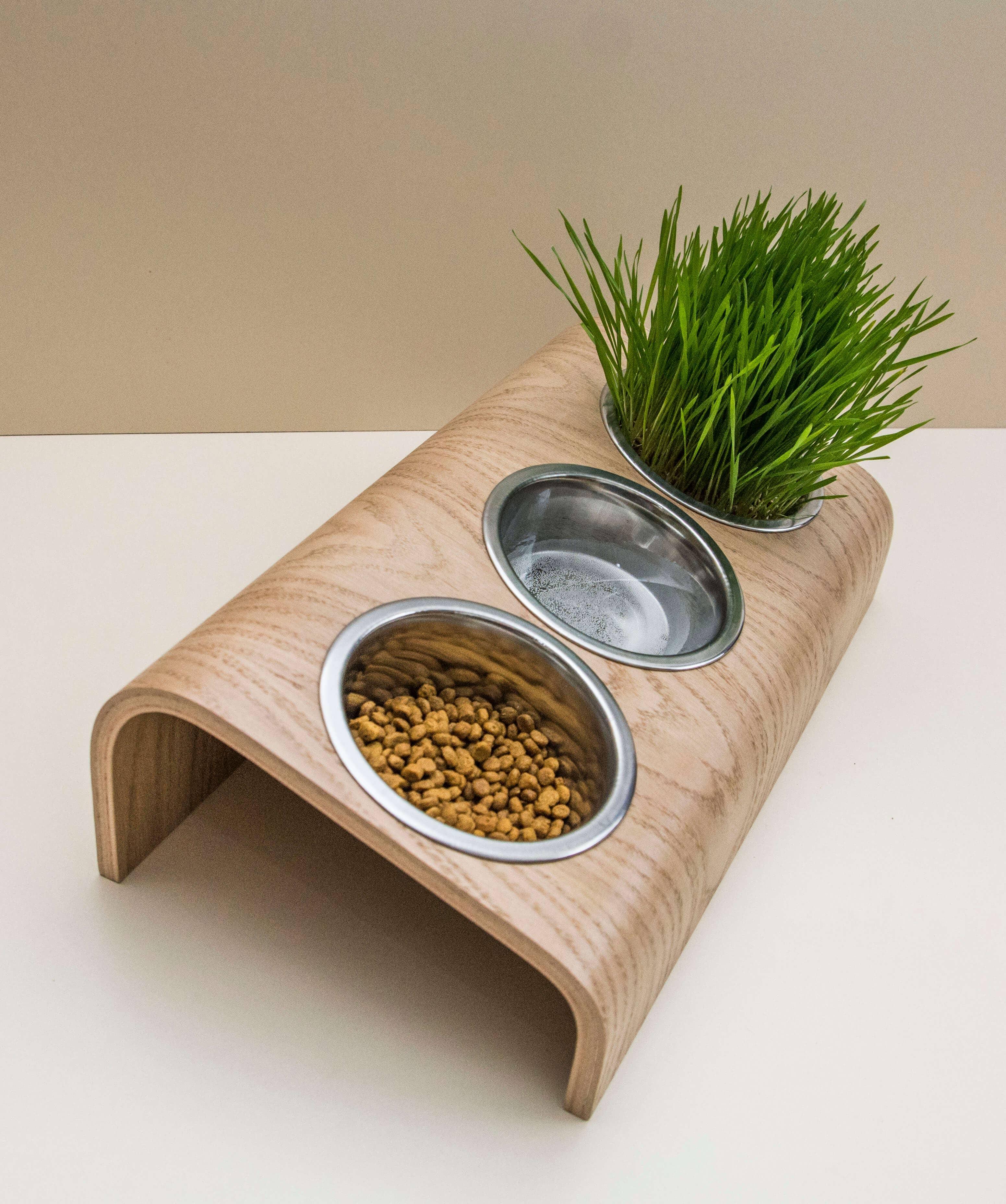 Pet feeding station with 3 bowls, Pet bowls with stand: Oak - Rocky & Maggie's Pet Boutique and Salon