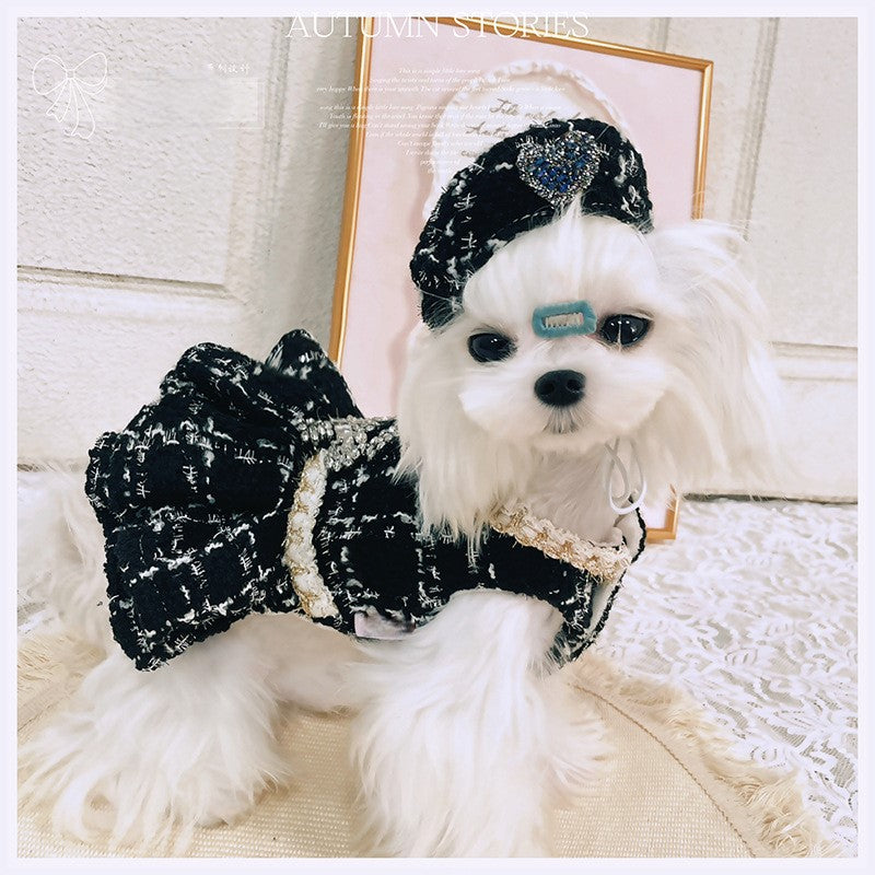 Luxury Black Tweed Rhinestone Dog Dress with Hat – Elegant French Couture Style strap top / M