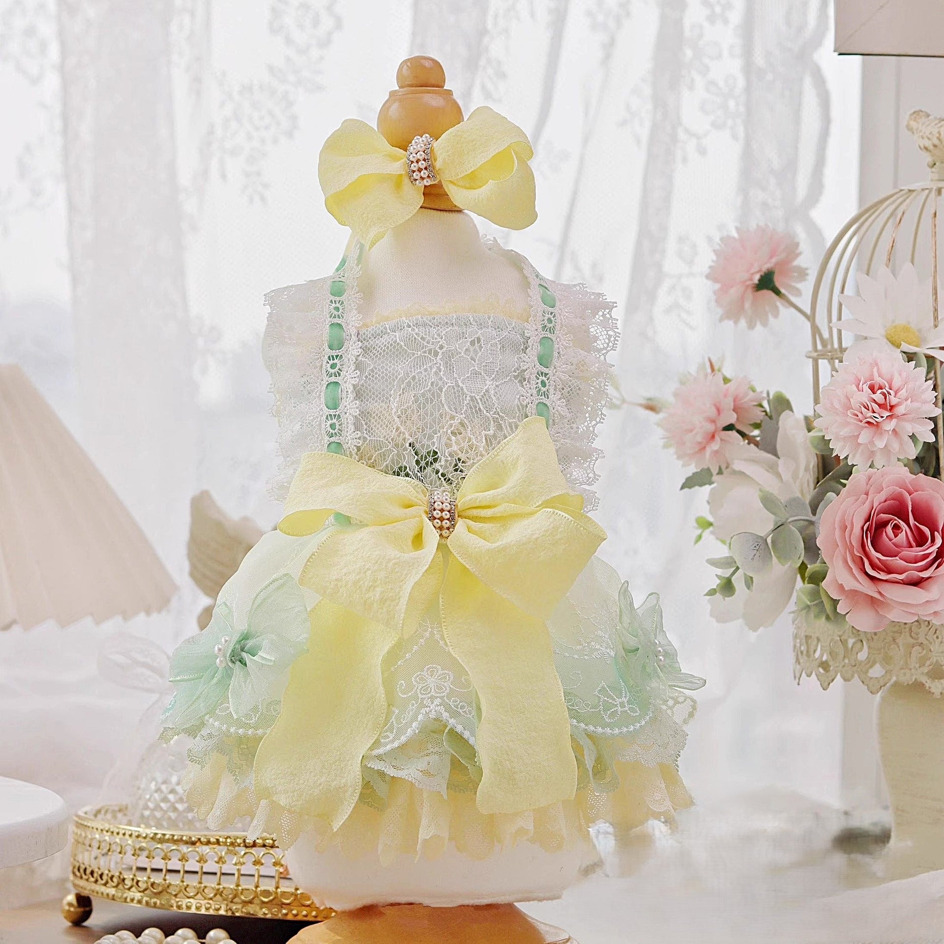 Handmade Cute Dog Dress Yellow Lace Bowknot Outfit