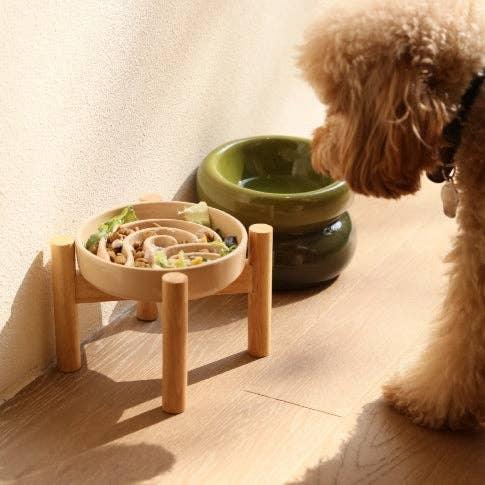 [Wave] Slow Feeder Dog Bowls - M / Orange / Wood Stand - Rocky & Maggie's Pet Boutique and Salon
