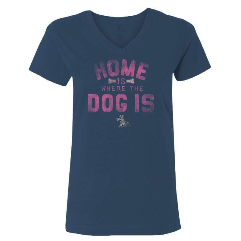 Home is Where the Dog Is (Pink Text) - Ladies T-Shirt V-Neck - Rocky & Maggie's Pet Boutique and Salon