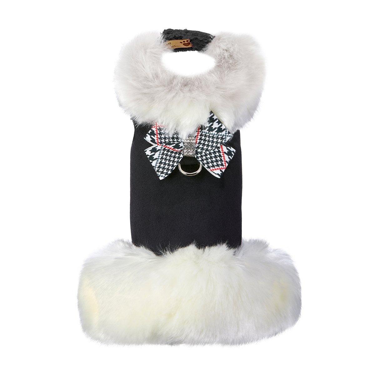 White Fur Coat with Classic Glen Houndstooth Nouveau Bow - Rocky & Maggie's Pet Boutique and Salon