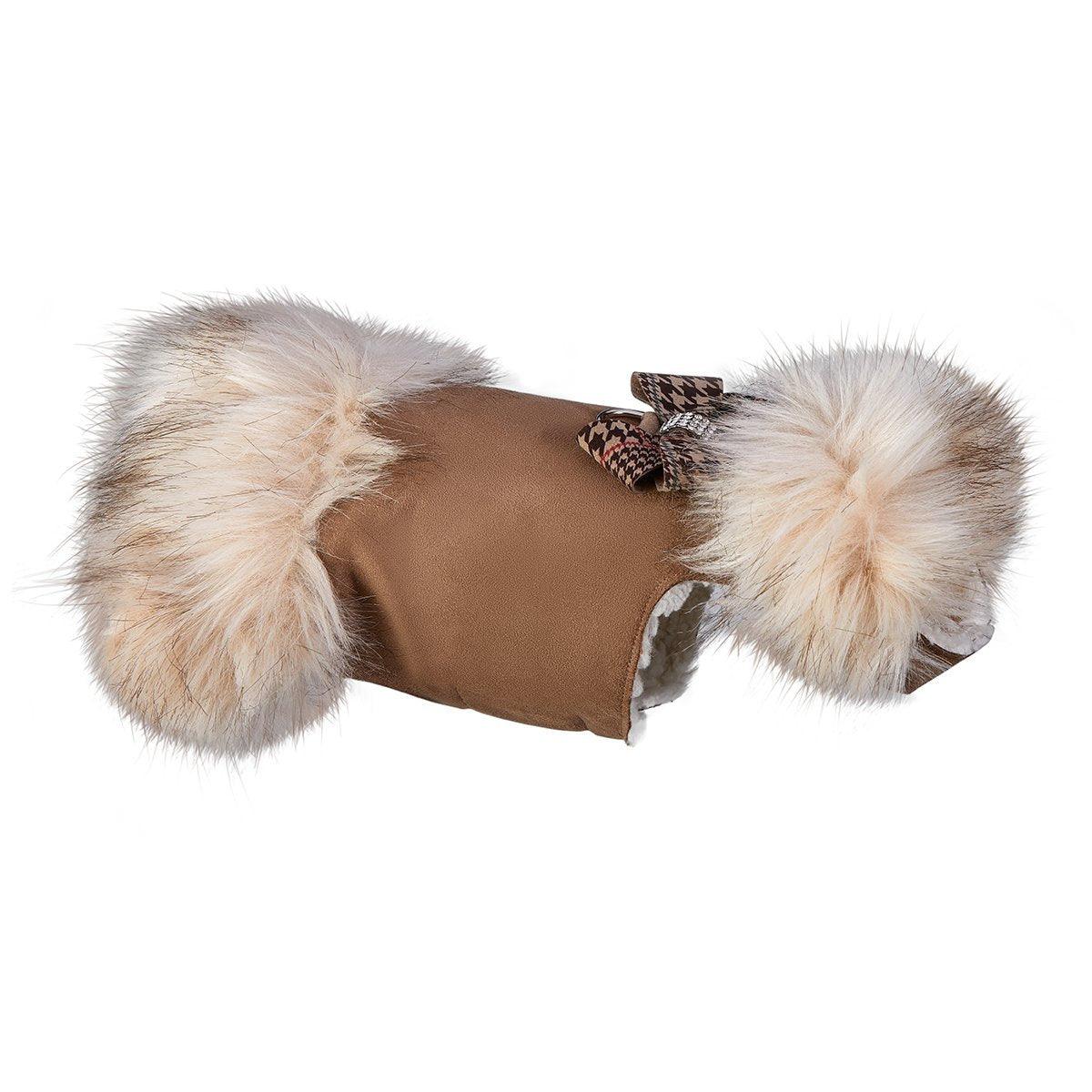 Ivory Fox Fur Coat with Chocolate Glen Houndstooth Nouveau Bow - Rocky & Maggie's Pet Boutique and Salon