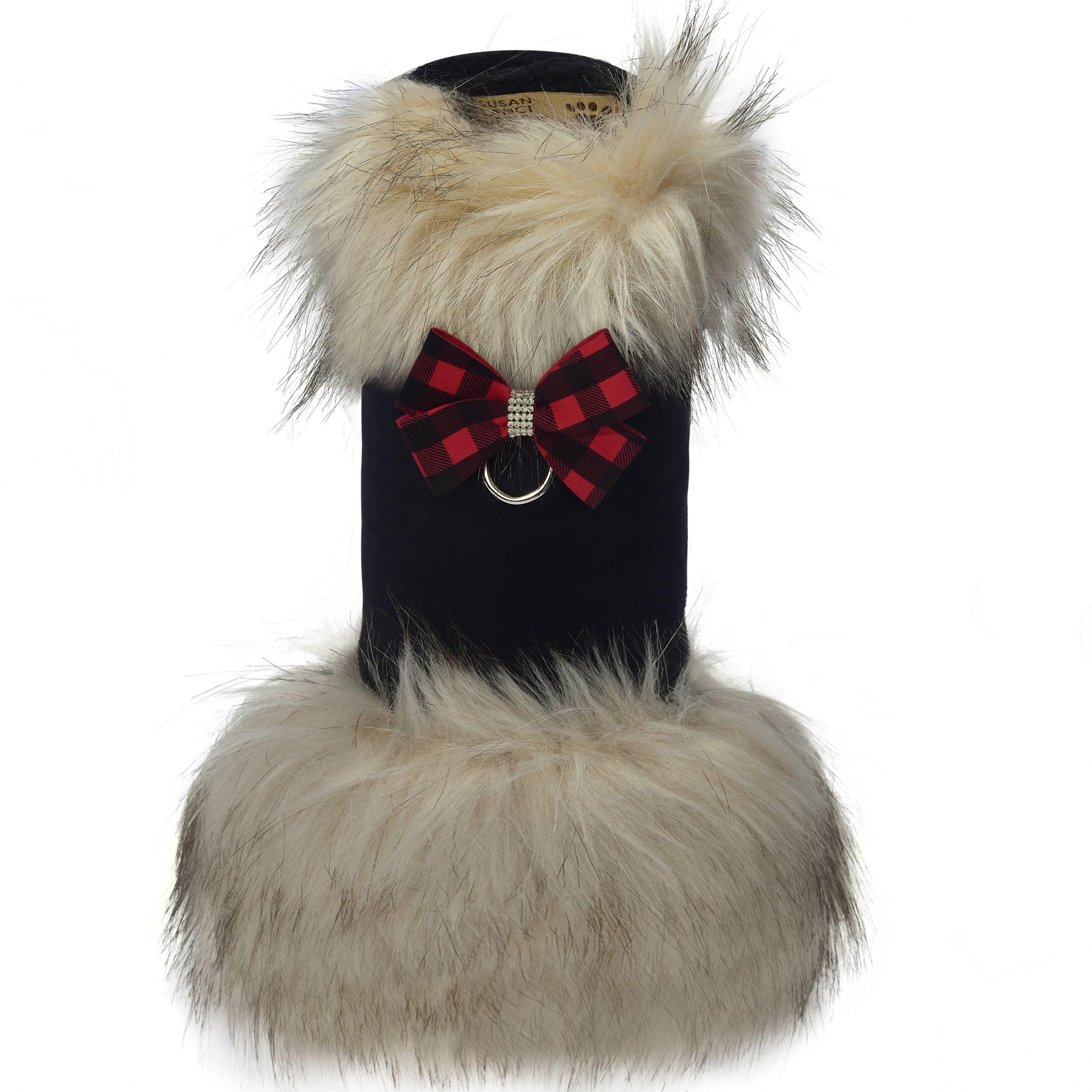 Red Gingham Nouveau Bow Ivory Fox Fur Coat - Rocky & Maggie's Pet Boutique and Salon