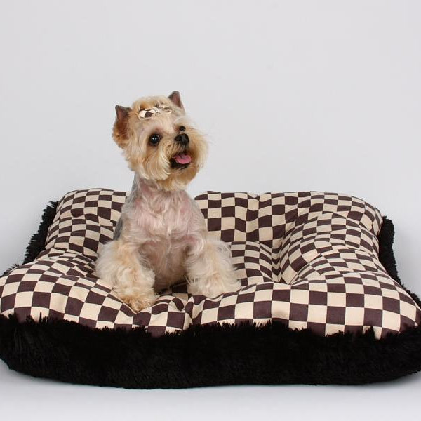 Square Windsor Big Check Bed with Black Shag - Rocky & Maggie's Pet Boutique and Salon