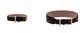 Two views of a black leather collar with tan lining and antique gold buckle, Frida Firenze.