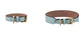 Light blue leather Plain Antique Collar from Frida Firenze with a gold buckle, shown from two angles.