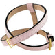 Pink leather harness by Frida Firenze with gold buckle, black edging and beige lining.